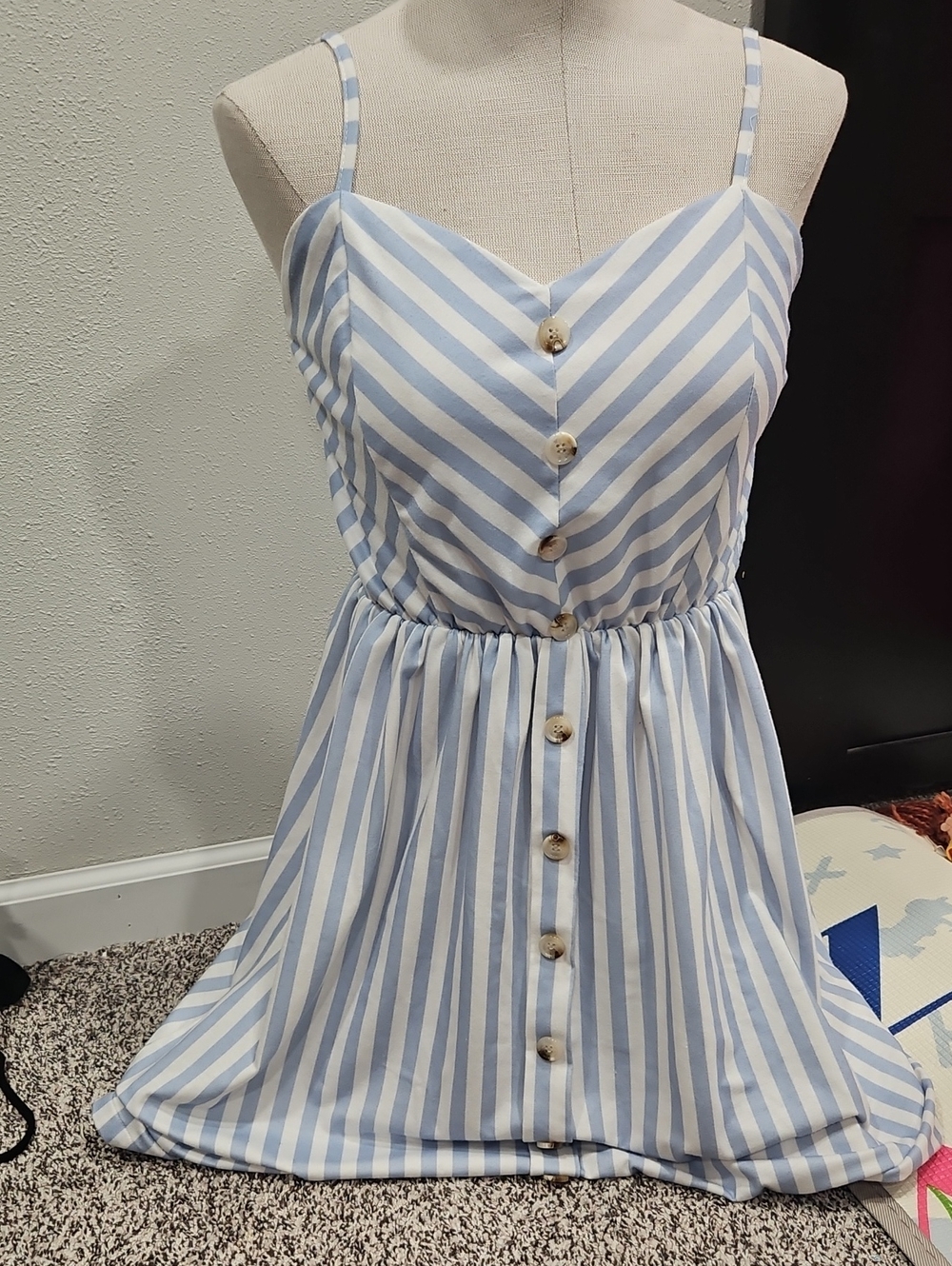 Light Blue & White Striped Button-Front Mini Dress